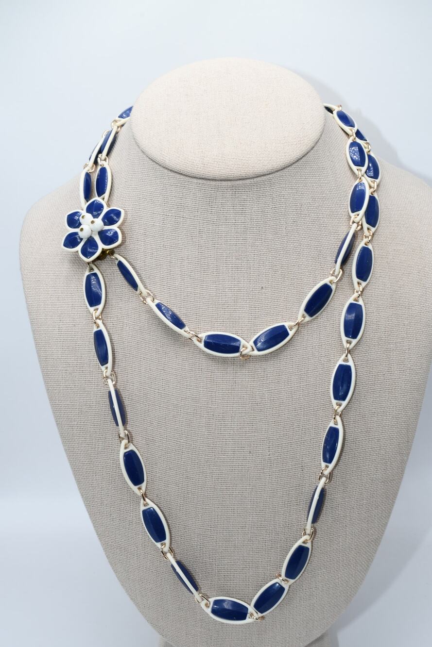 Vintage Western Germany Blue White Necklace Flower Clasp Two Strand